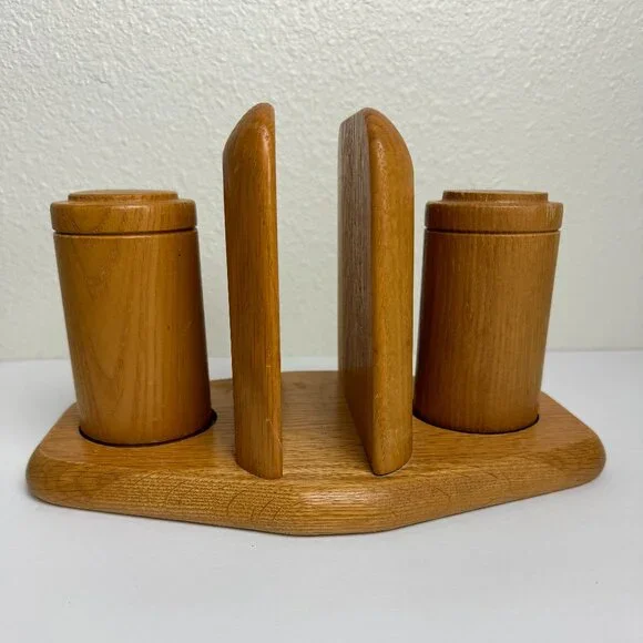 Vintage MCM Wooden Napkin Holder Salt & Pepper Shakers Farmhouse Cottege - Picture 1 of 15